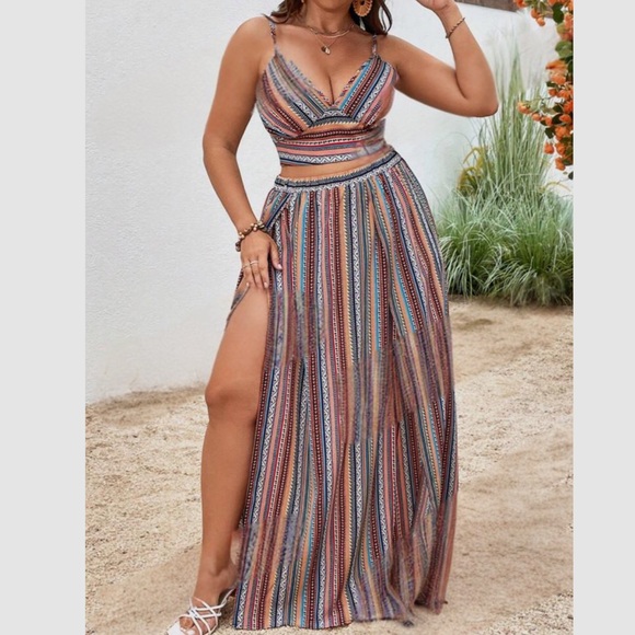 Boho blue tie dye crop top and slit thigh maxi skirt set - Picture 13 of 14